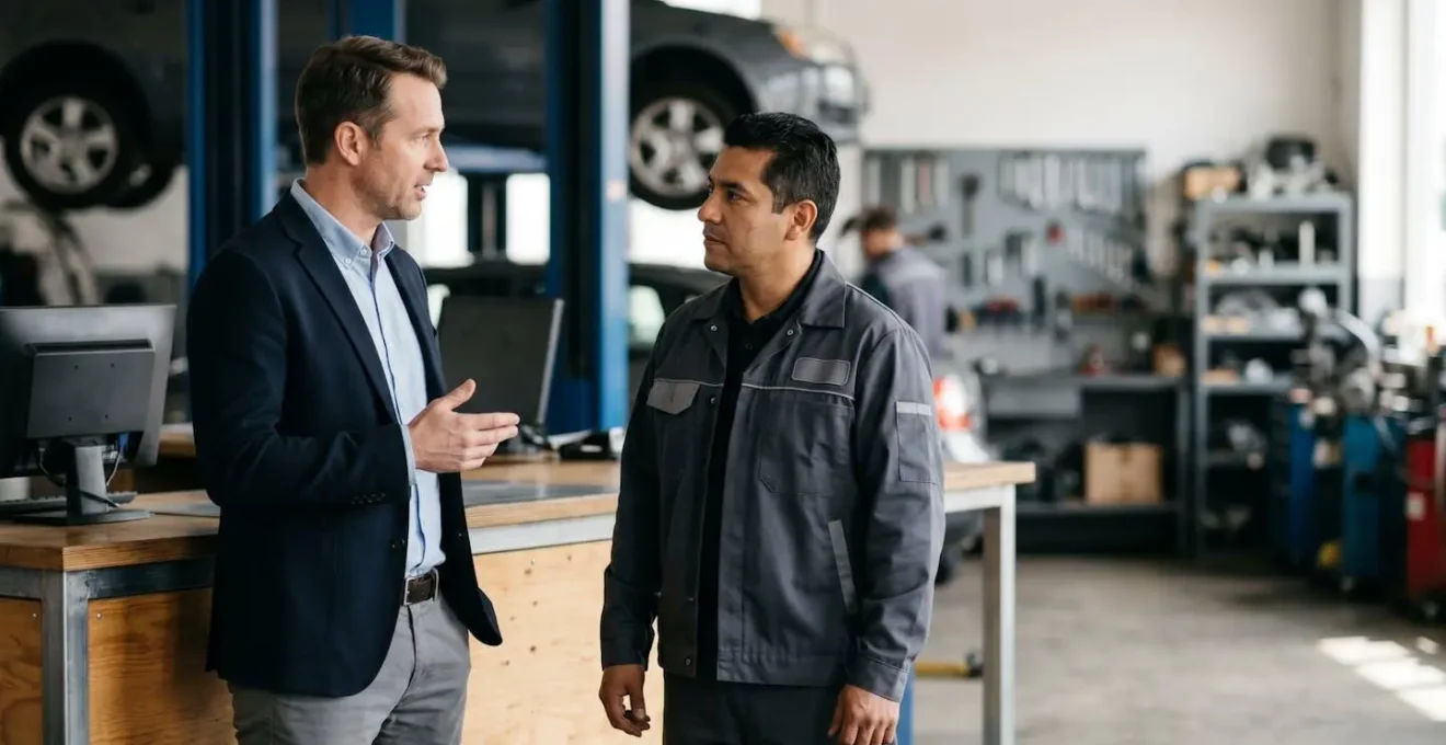 Discussion professionnelle entre un chef d'entreprise et un chef d'atelier dans un garage
