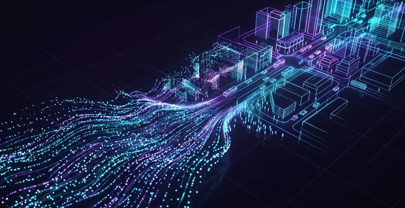 Visualisation d'un nuage de points 3D généré par LiDAR montrant la reconstruction d'un environnement urbain
