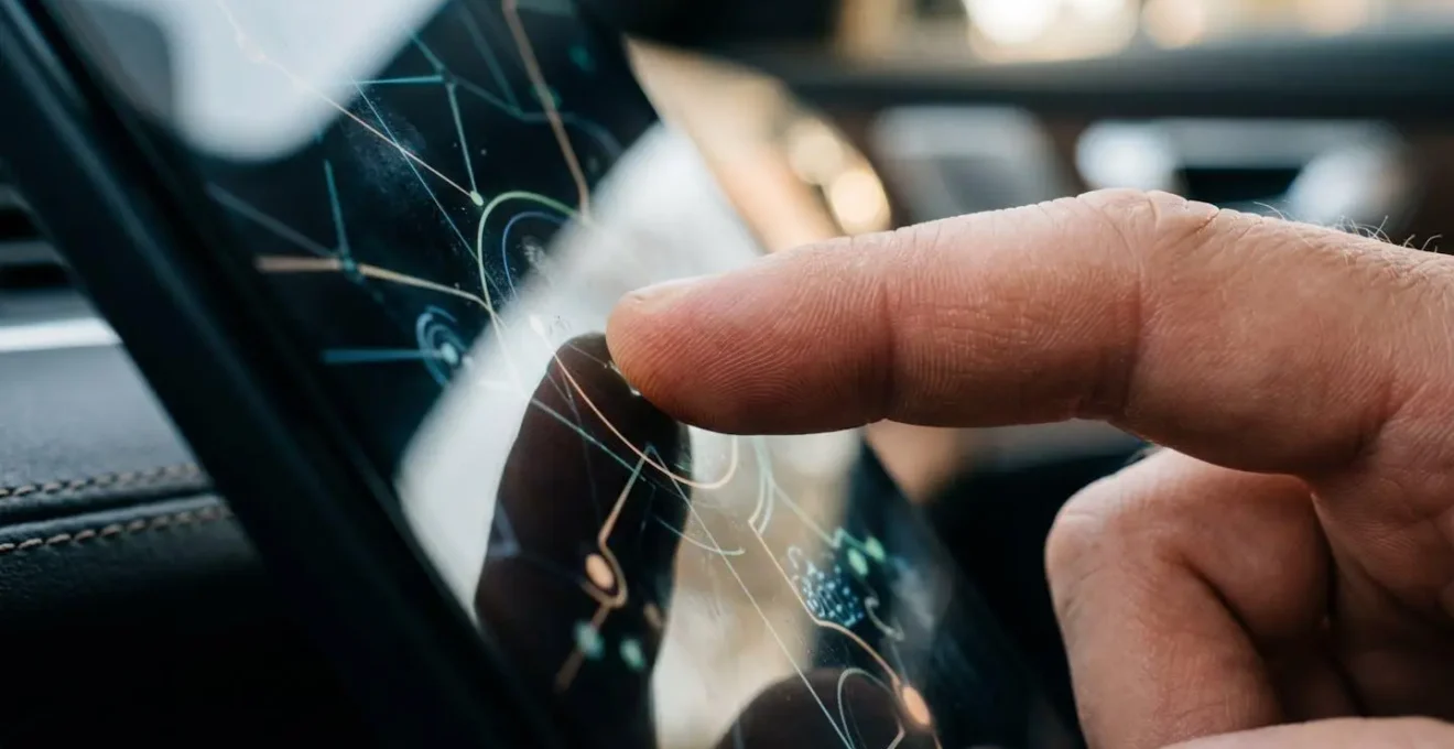 Vue macro d'une main tenant un smartphone avec carte routière floue en arrière-plan