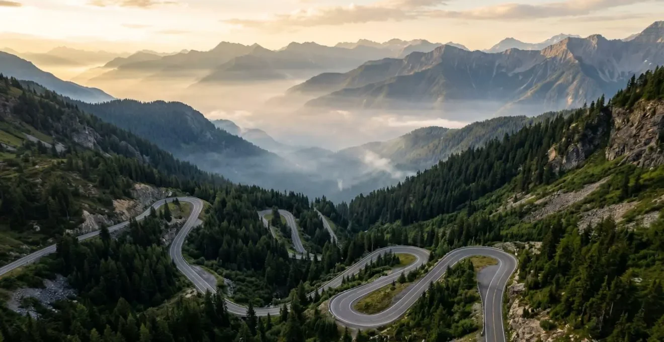 Vue d'une route de montagne sinueuse en descente, symbolisant la récupération d'énergie par freinage régénératif.