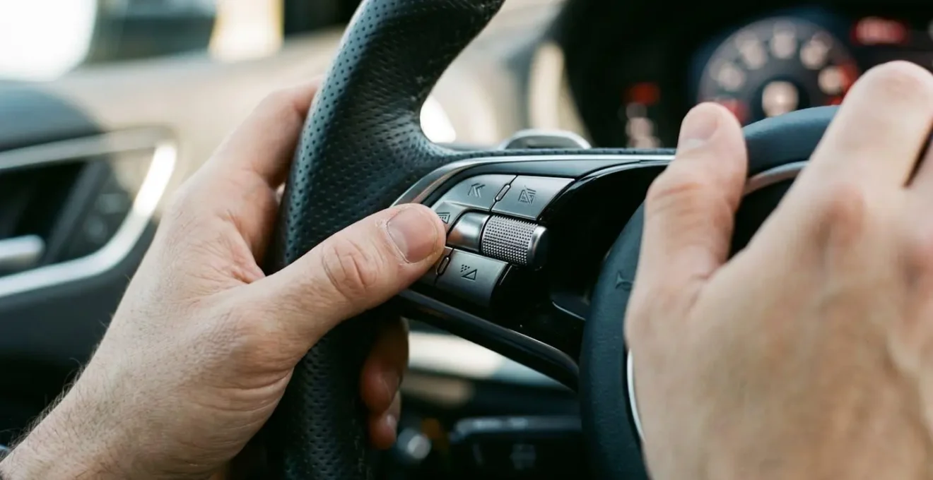 Gros plan sur les commandes de réglage de l'assistance de voie sur un volant moderne