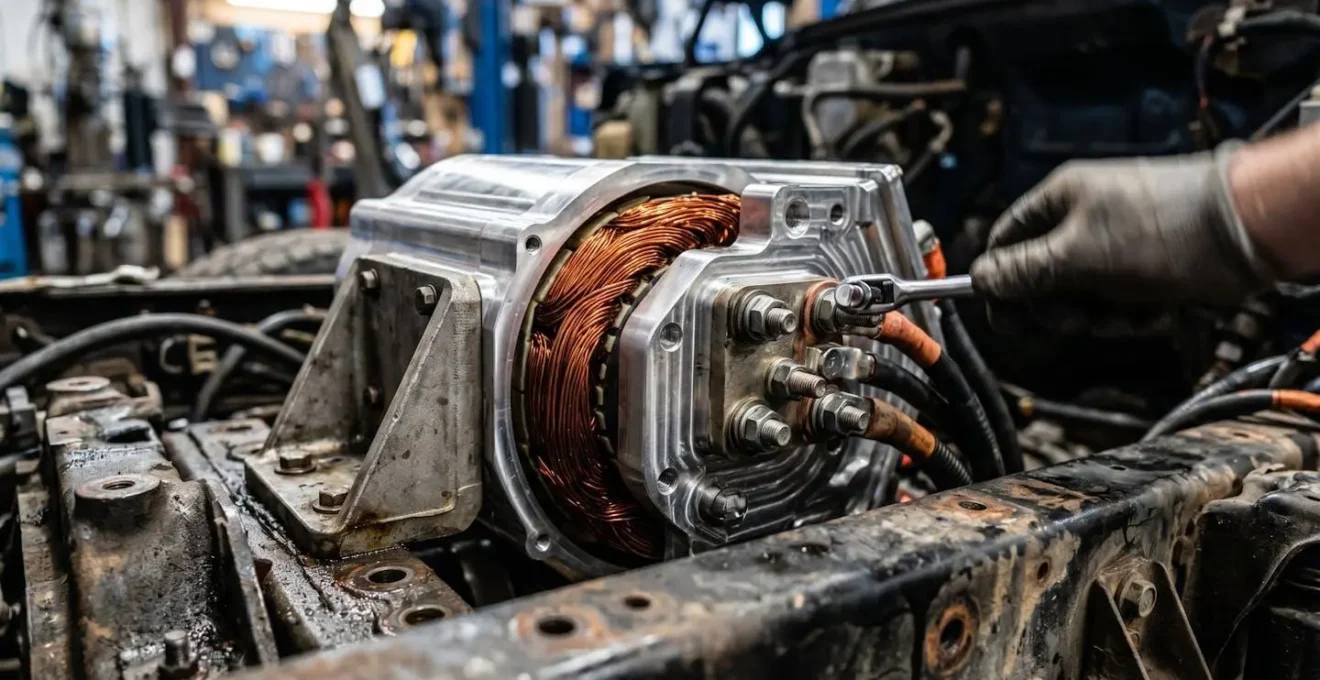 Moteur électrique remplaçant un ancien moteur diesel dans un atelier de conversion