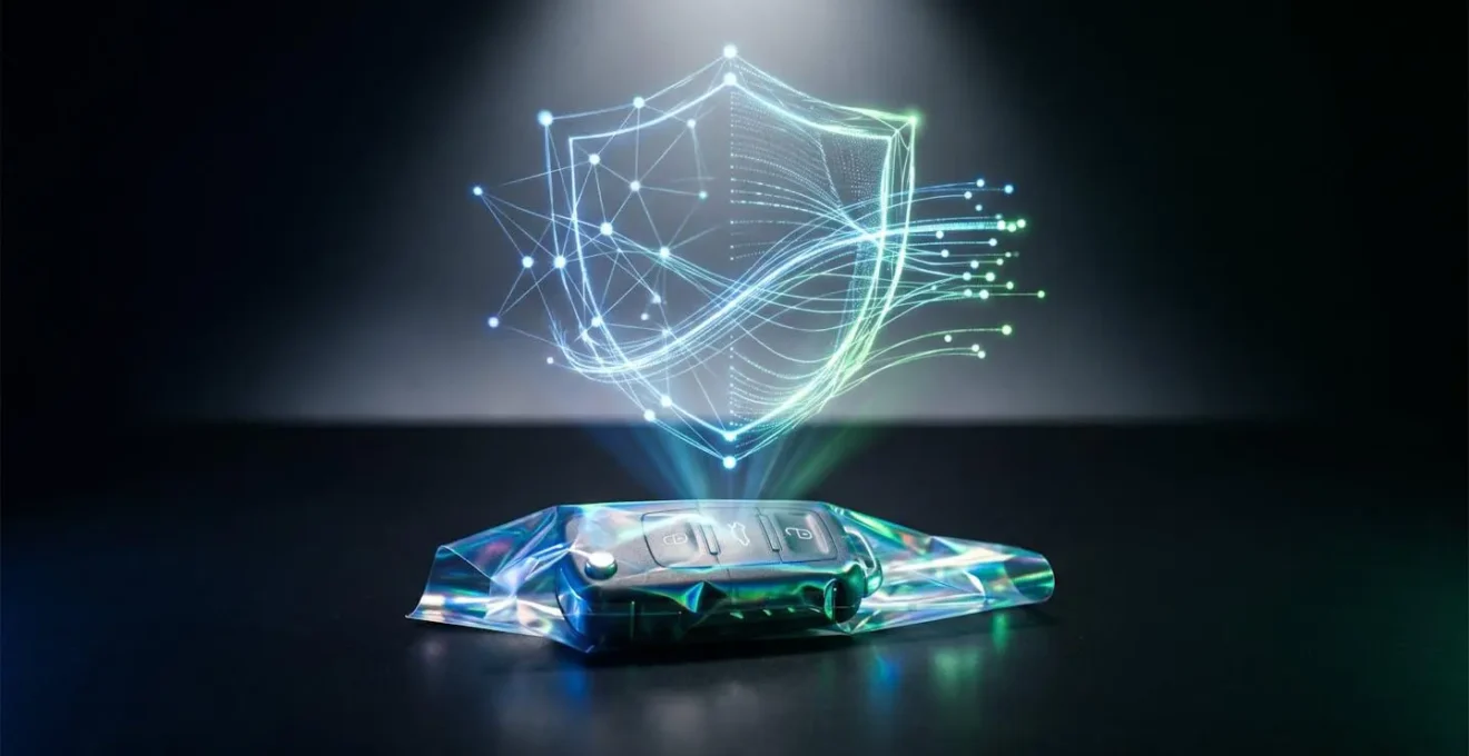 Écran de contrôle automobile montrant des graphiques de sécurité cryptés