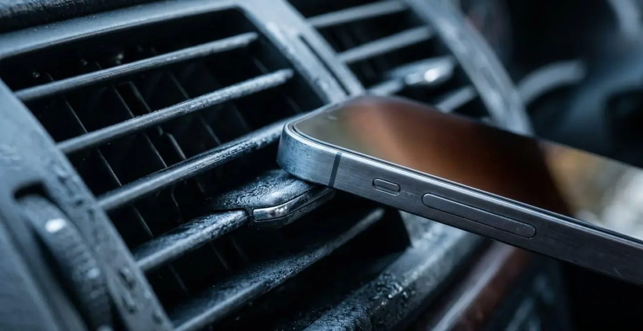 Téléphone positionné devant une grille d'aération de voiture pour refroidissement actif