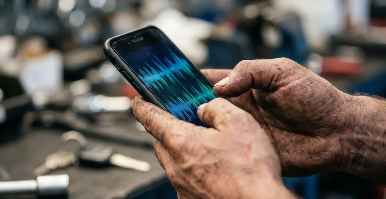 Gros plan sur des mains tenant un smartphone pour documenter une panne automobile