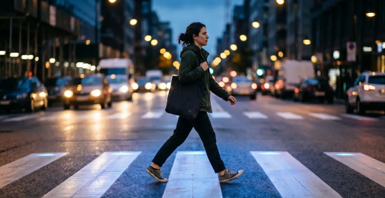 Piéton traversant une rue avec représentation symbolique de la communication V2P