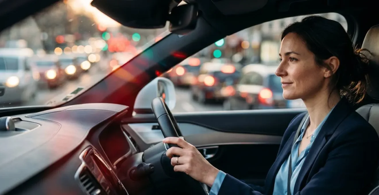 Conducteur analysant les données de trafic sur plusieurs écrans dans son véhicule moderne