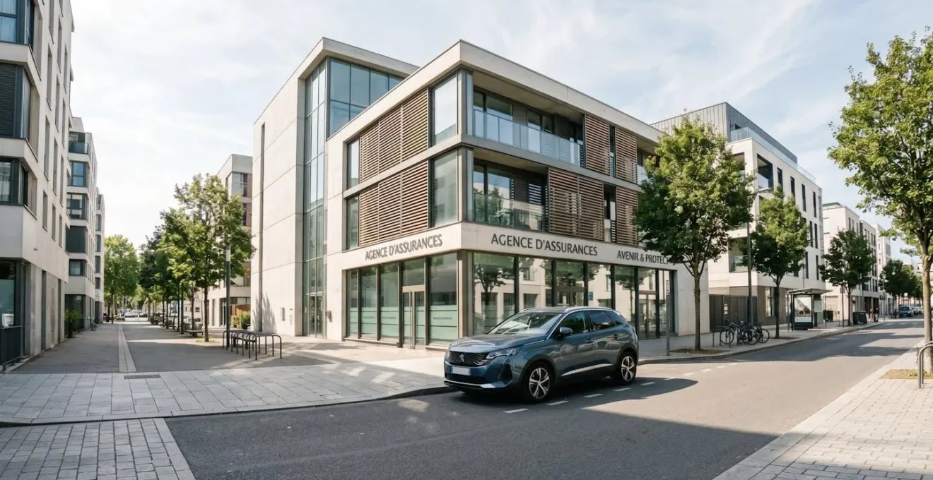 Véhicule 4x4 moderne garé devant la façade d'une agence d'assurance contemporaine en France