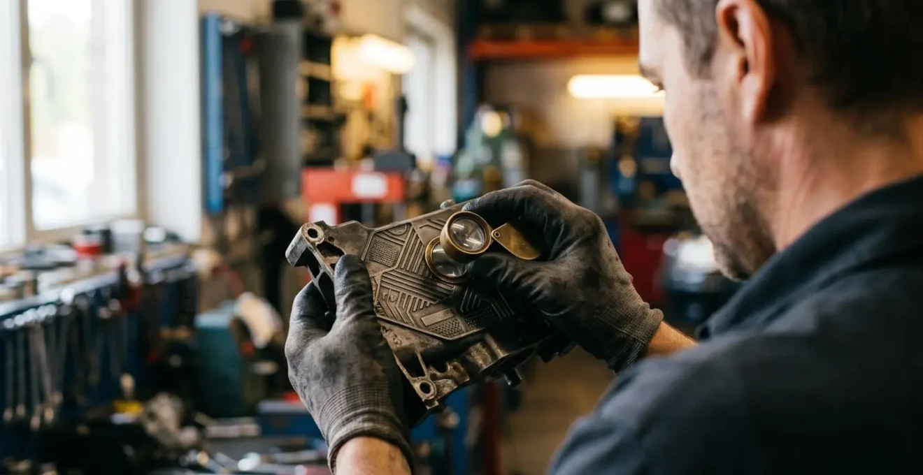Gros plan sur l'inspection d'une pièce automobile avec loupe et hologramme de sécurité