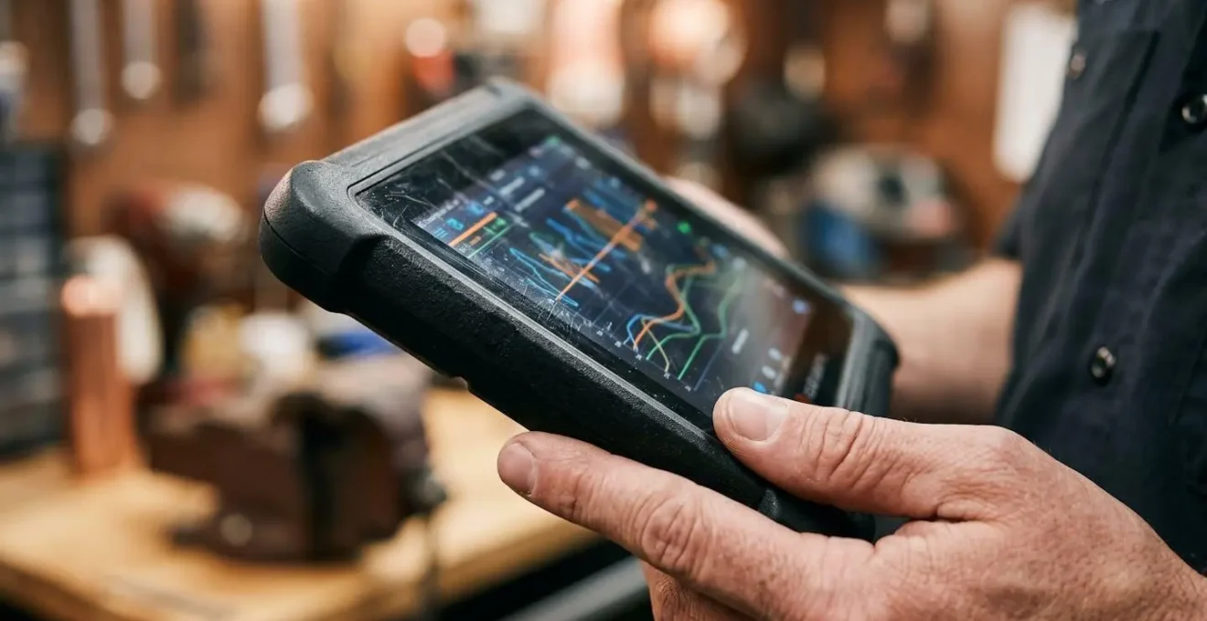 Gros plan sur main de technicien analysant des données de diagnostic