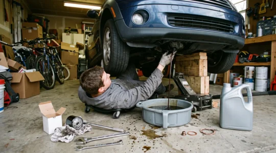 Un automobiliste effectue une vidange lui-même sous une voiture surélevée avec un cric dans un garage domestique encombré, l'huile usagée s'écoulant dans un bac plastique.